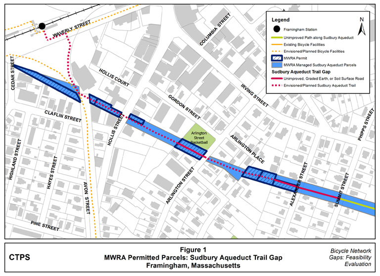 Figure 1 – Map illustrating the locations along the Sudbury Aqueduct Trail gap where the MWRA has issued parcel permits. Figure 1 – Map illustrating the locations along the Sudbury Aqueduct Trail gap where the MWRA has issued parcel permits.